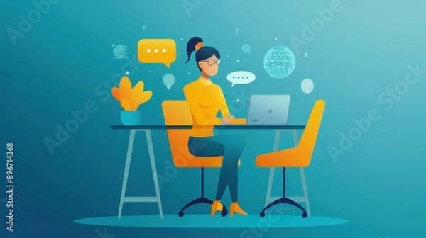 Fototapeta User engaging in a conversation with a virtual assistant on their computer, interactive language practice, Virtual assistant, Computer