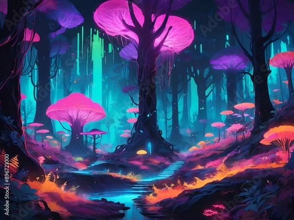 Fototapeta abstract glowing Fantasy of neon forest. Glowing colorful fairytale