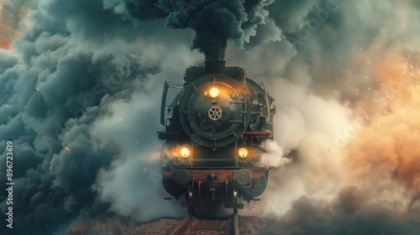 Fototapeta Steam Locomotive Emerging from a Cloud of Smoke