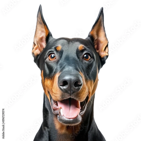 Fototapeta doberman breed dog, happy, dog portrait isolated on white background