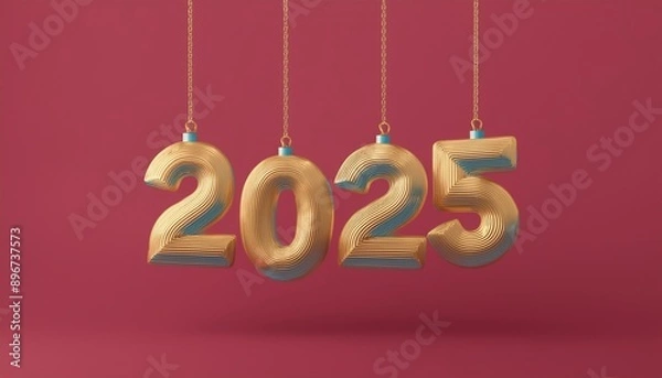 Fototapeta Dangling 3d golden text new year 2025 with red background