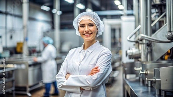Fototapeta Confident female food factory manager in crisp sterile uniform, hair net, and arms crossed, smiling directly at the camera.