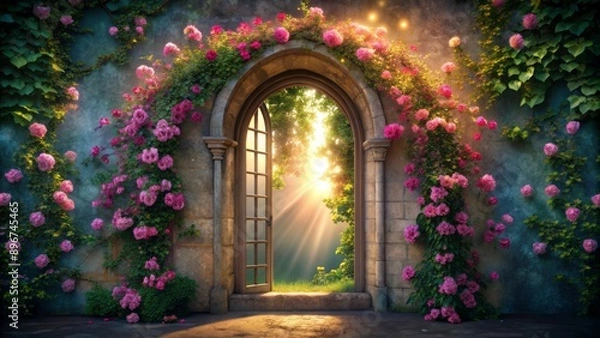 Fototapeta Ethereal curved arch window portal adorned with luminous pink flowers, evoking mystical fairy tale ambiance and ancient architectural mystique.