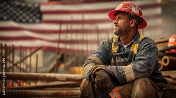 Fototapeta A construction worker is depicted at rest on a job site. He is seated with arms resting on his knees, wearing a red hard hat and heavy-duty gloves, and appears pensive or reflective. His attire includ