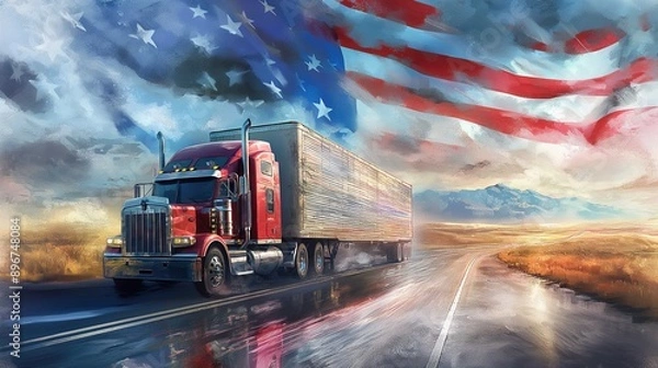 Fototapeta A vibrant illustration of a large red semi-truck driving down an open road. The background depicts vast fields under a dramatic sky, which is artistically blended with the American flag. The stars and