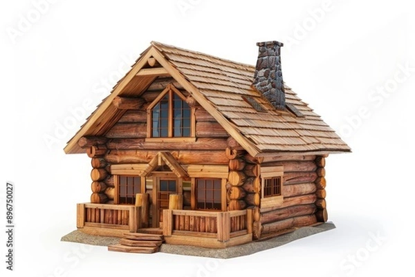 Fototapeta Rustic Wooden Cottage with Warm Tones in Isolated Setting