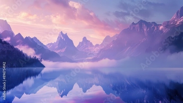 Fototapeta A serene mountain landscape at dawn, with a calm lake reflecting the surrounding peaks, mist rising, and a pastelcolored sky