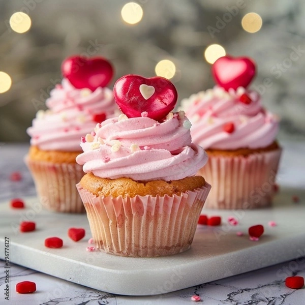 Fototapeta Romantic Cupcakes with Pink Icing and Red Heart Toppers