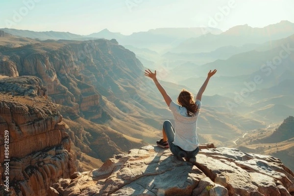Fototapeta Concept of Nature Boosts Mental Health, a people sit on a rock on a cliff, looking at the mountain view , Generative AI