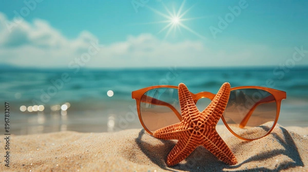 Fototapeta Beach scene with starfish and sunglasses, glistening ocean waves, bright and warm tones, digital art, emphasizing a playful and relaxed vacation atmosphere.