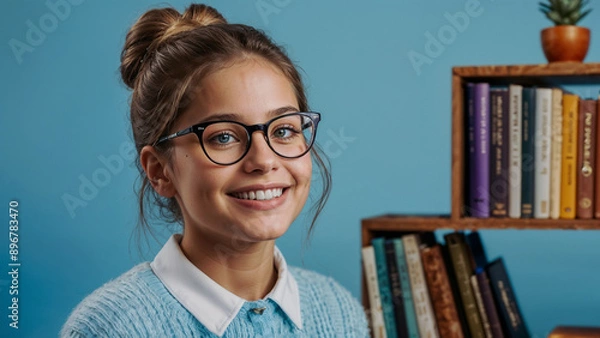 Fototapeta Smiling female student in glasses, sitting in a classroom with a bookshelf. Education-focused portrait with a joyful expression.



