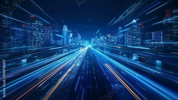 Fototapeta Abstract blue light trails on a highway, depicting speed an
