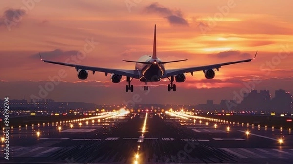 Fototapeta Airplane Landing on Runway at Sunset
