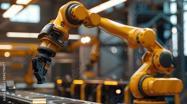 Fototapeta Industrial Robot Arm: A powerful industrial robot arm assembling car parts in an automated factory.
