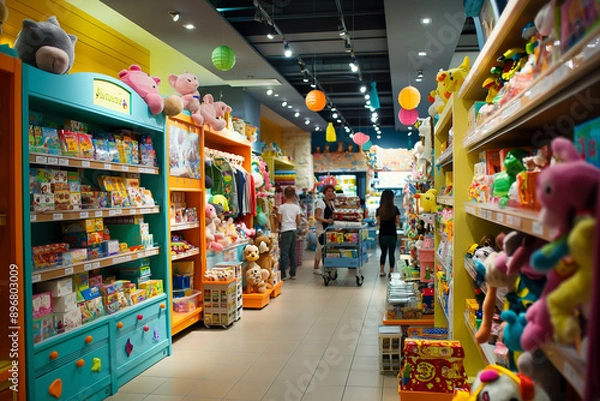 Obraz Toy store with colorful shelves and customers .