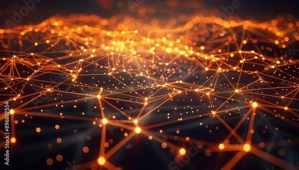 Obraz Abstract digital network of glowing orange nodes and connections on dark background, representing global connectivity, data transfer and cyber technology, web design