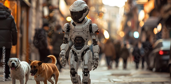 Fototapeta A humanoid robot is seen walking two dogs down a bustling city street. The scene captures the blend of futuristic technology and everyday life.
