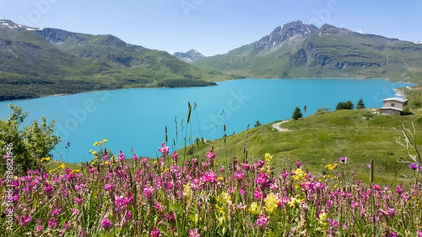Fototapeta Amazing view of the Mont-Cenis Lake an alpine artificial lake. French Alps. Summer time. Relaxing and green contest. Turquoise water