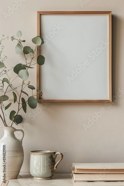 Fototapeta Empty Frame Mockup with Eucalyptus and Books