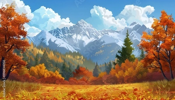 Fototapeta A beautiful autumn landscape with a mountain range in the background, anime style