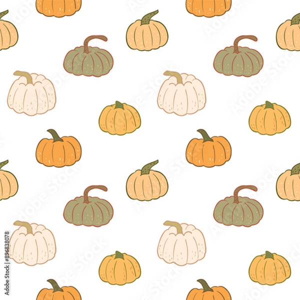 Fototapeta Seamless Pattern with Hand Drawn Pumpkin Design on White Background