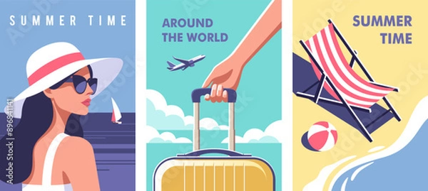 Obraz Concept of summer party, vacation and travel. Perfect background on the theme of season vacation, weekend, beach. Vector illustration in minimalistic style for posters, cover art, flyer.
