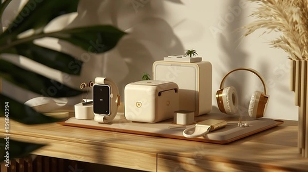 Obraz  Elegant Modern Desk Setup, and Background White. AI-Generated image 
