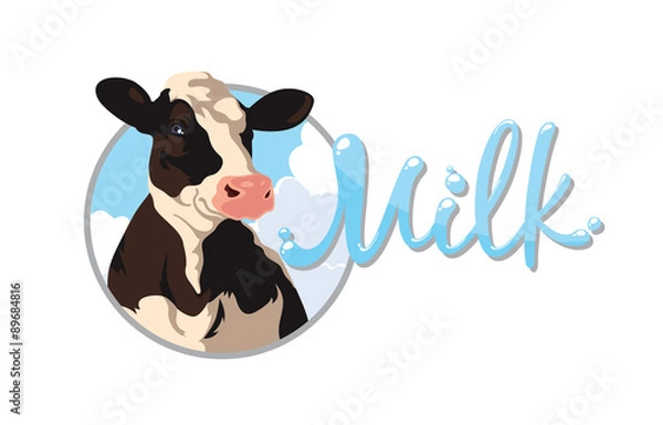 Fototapeta Label with the image of a cow and the words milk