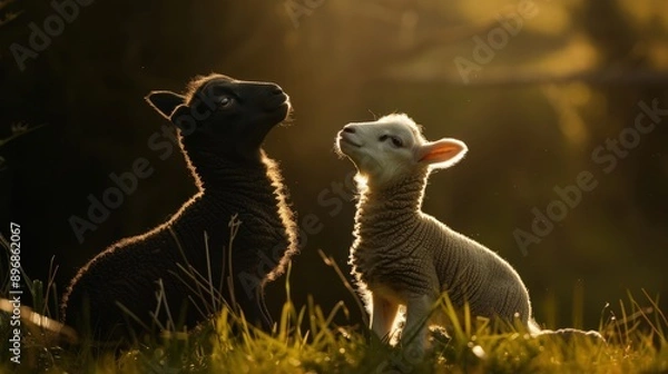 Fototapeta Black lamb looking up at white sheep, grassy field, eyelevel, gentle backlighting