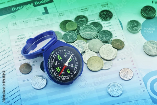 Fototapeta Blue compass on graph paper, saving concept