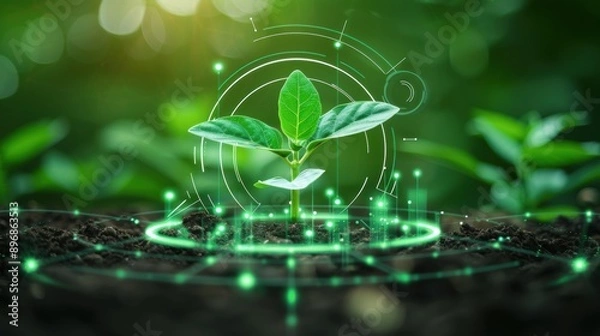 Obraz Futuristic concept of plant growth technology with digital elements, illustrating innovation in agriculture and nature's advancement.