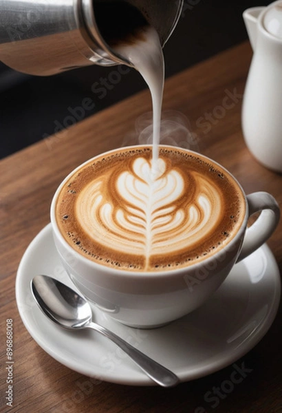 Fototapeta  A close-up of a steaming cup of coffee with latte art. 