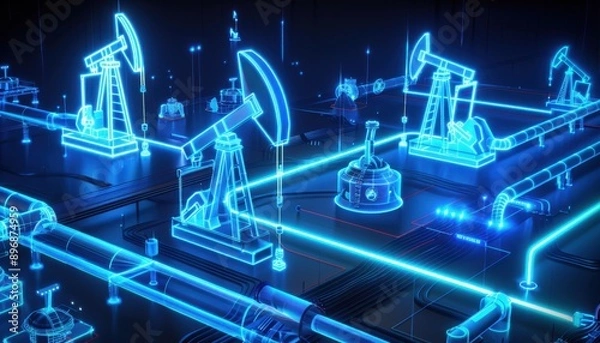 Fototapeta Digital Model of Oil Rigs and Pipelines in a Network