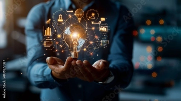 Fototapeta Businessman holding creative light bulb with growth graph and knowledge management system icons. Utilizing innovation technology to develop new strategies and solutions that enhance successful