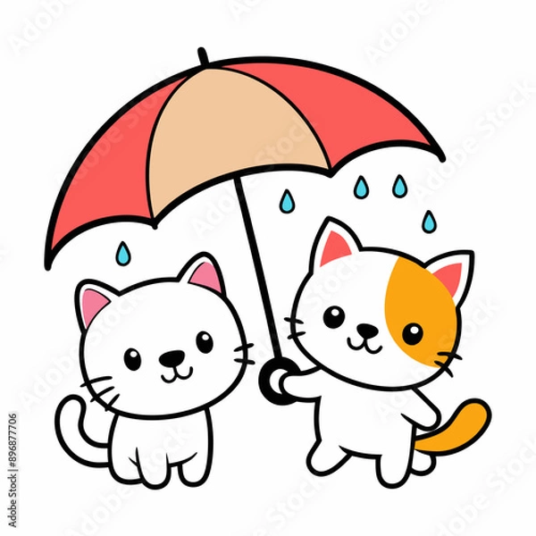 Fototapeta A cute and whimsical illustration of a kawaii puppy and kitten happily sharing a vibrant umbrella, embracing the rain