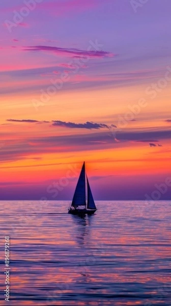 Fototapeta Sailboat at sunset on calm ocean waters with colorful sky, tranquil seascape. Serenity and maritime adventure concept