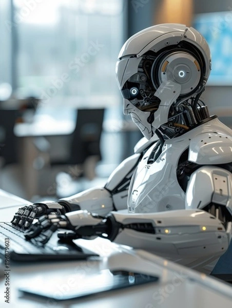 Fototapeta Artificial Intelligence Robot Working on a Computer