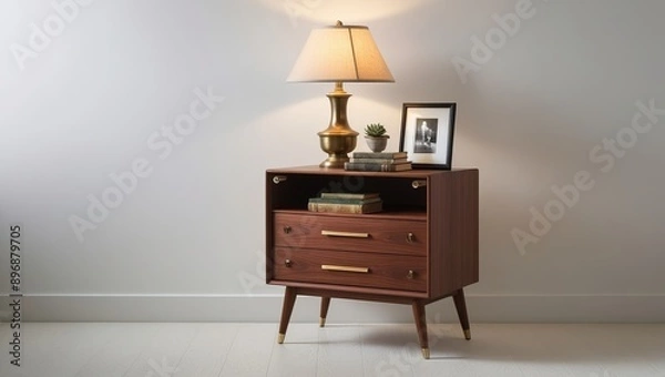 Fototapeta A small wooden nightstand with a lamp, picture frame, and plant, ideal for a minimalist bedroom setup.