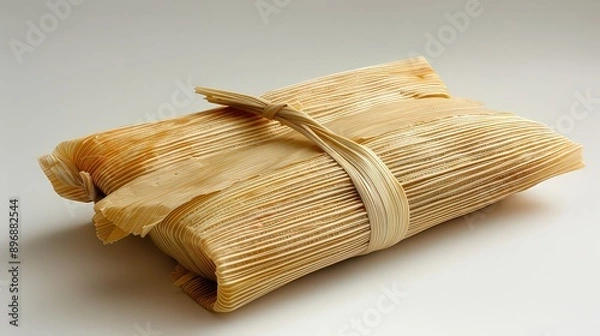 Fototapeta Photograph a freshly unwrapped corn tamale, with its tender masa and corn filling, set against a white background to showcase its traditional and appetizing appearance.