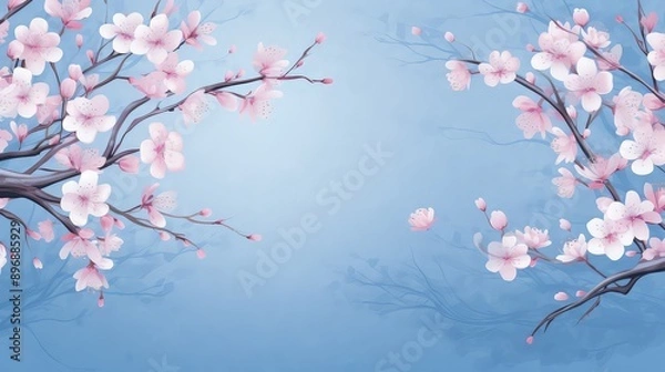Obraz Frame of Sprigs Sakura Cherry Blossoms on pink background.Holiday Concept of spring, 8 march, mother day, april, may, Persian new year.