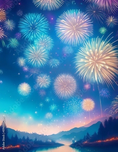 Obraz 花火が豪華絢爛に彩る夜空