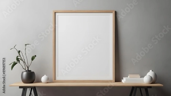 Fototapeta Mock up blank white poster frame close up stock photo. Photo frame with vase