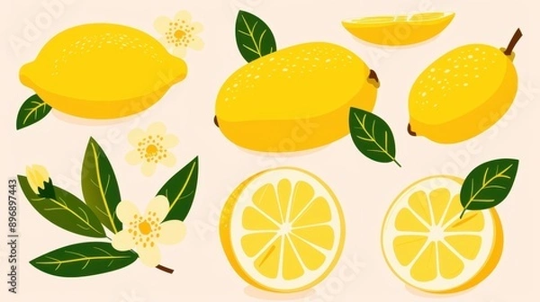 Fototapeta Vivid handdrawn lemons collection features whole and sliced fruit with branches, flowers, and leaves on a  background.