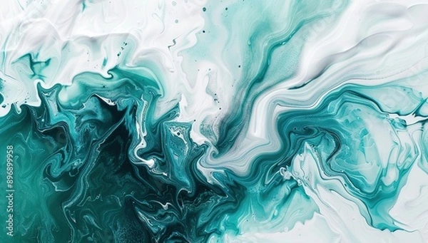 Fototapeta  Teal and White Swirls in Fluid Acrylic Painting. Abstract Organic Shapes and Fluid Lines on White Background. Dynamic and Artistic Expression of Color and Movement.