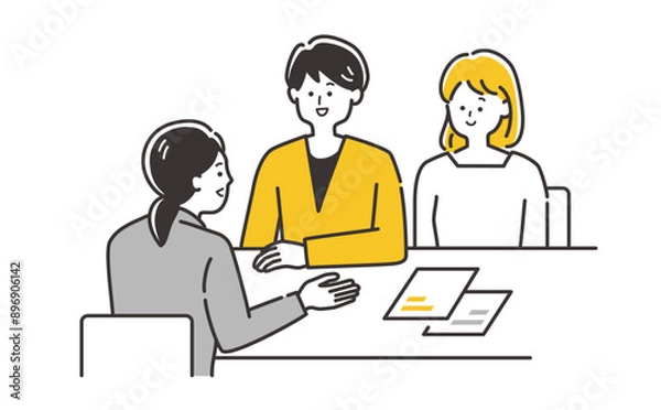 Obraz テーブルで相談・説明を受ける若い夫婦・カップル（20代30代）のイラスト素材