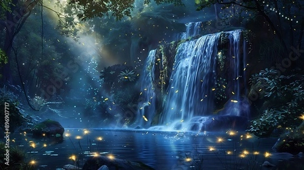 Obraz A serene waterfall flowing into a turquoise lagoon, with tropical palm trees and white sand around