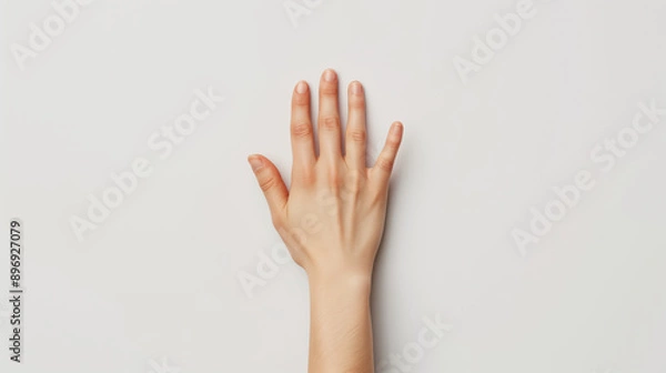 Fototapeta A closeup view of a hand with spread fingers against a white background.