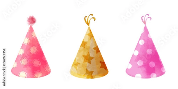 Fototapeta Vector set of party hats. Watercolor funny colorful birthday decorations, set of hats for design and invitations, isolated on white
