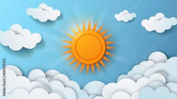 Fototapeta Bright Sun with Fluffy Clouds in Blue Sky
