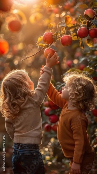 Fototapeta Kids Reaching for Apples in Orchard